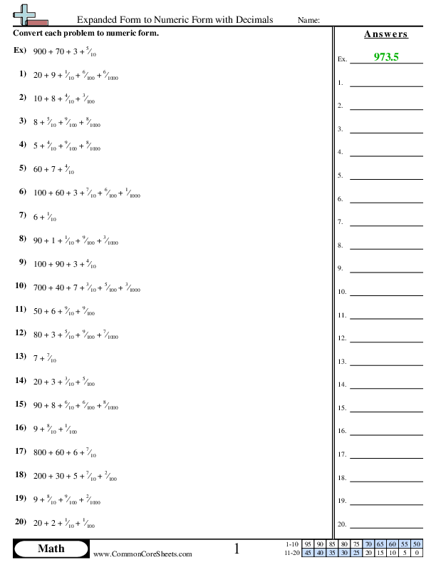 Expanded to Numeric with Decimals worksheet